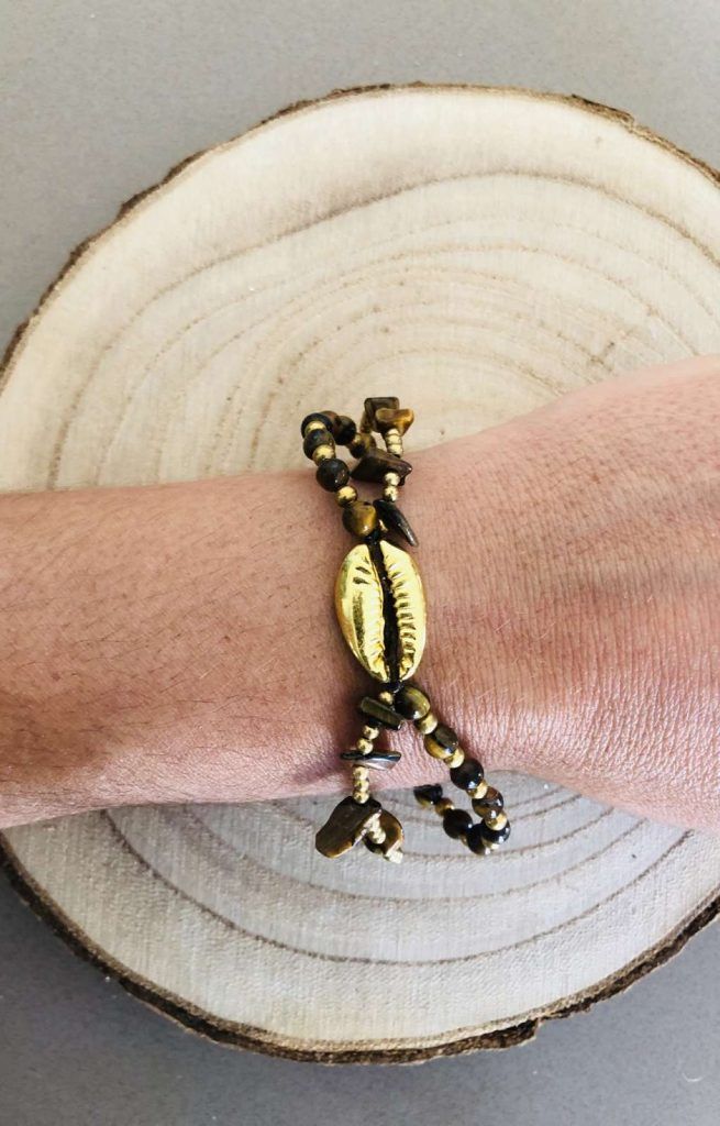 Pulsera concha y piedras ojo de tigre