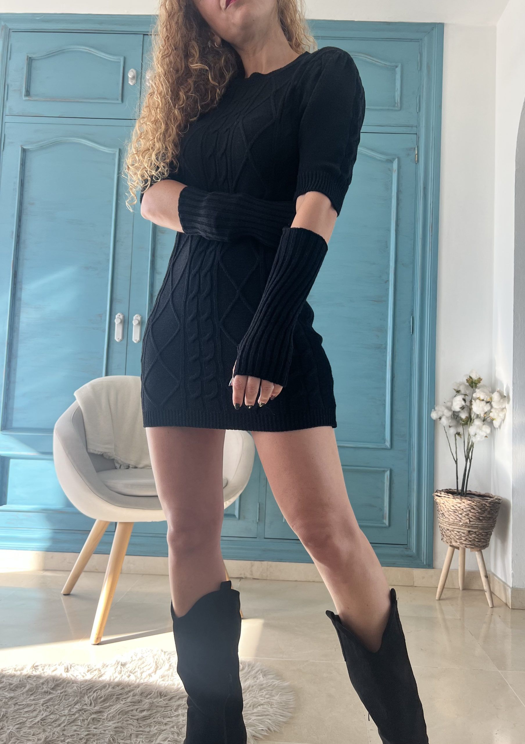 Vestido punto mitones negro