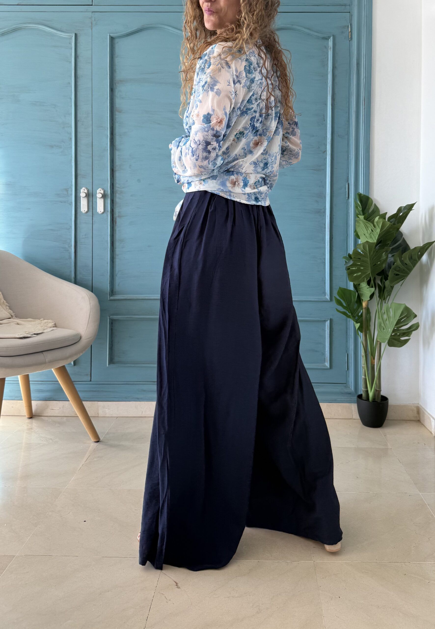 Pantalón palazzo efecto lino azul marino - Imagen 2