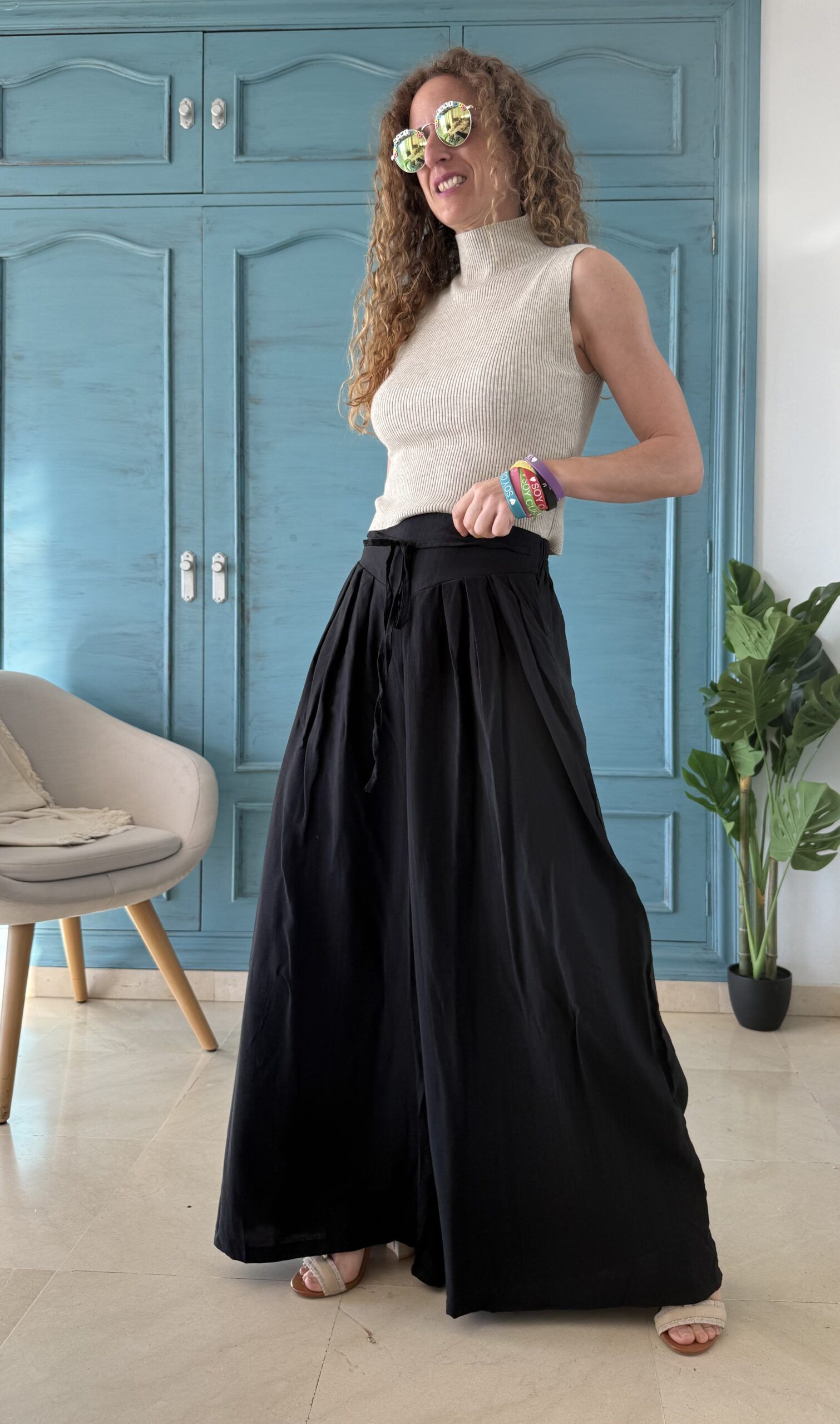 Pantalón palazzo efecto lino negro