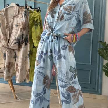 Conjunto algodón flores azul