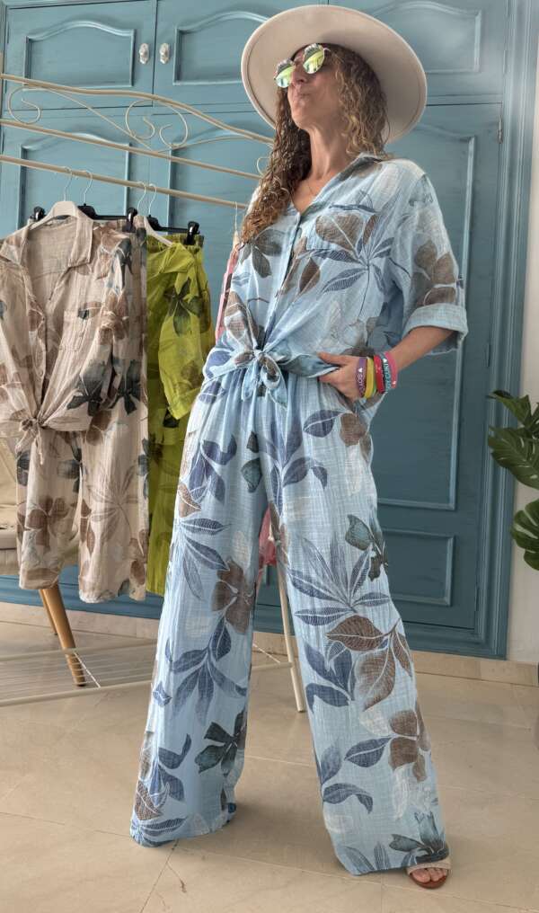 Conjunto algodón flores azul