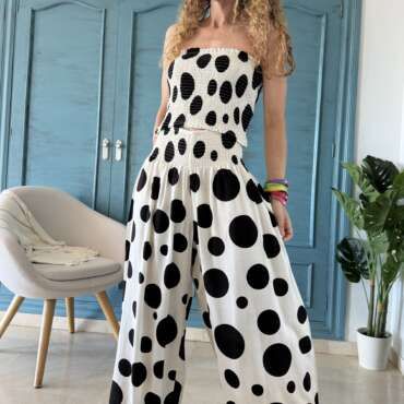 Conjunto top y pantalón lunares beige
