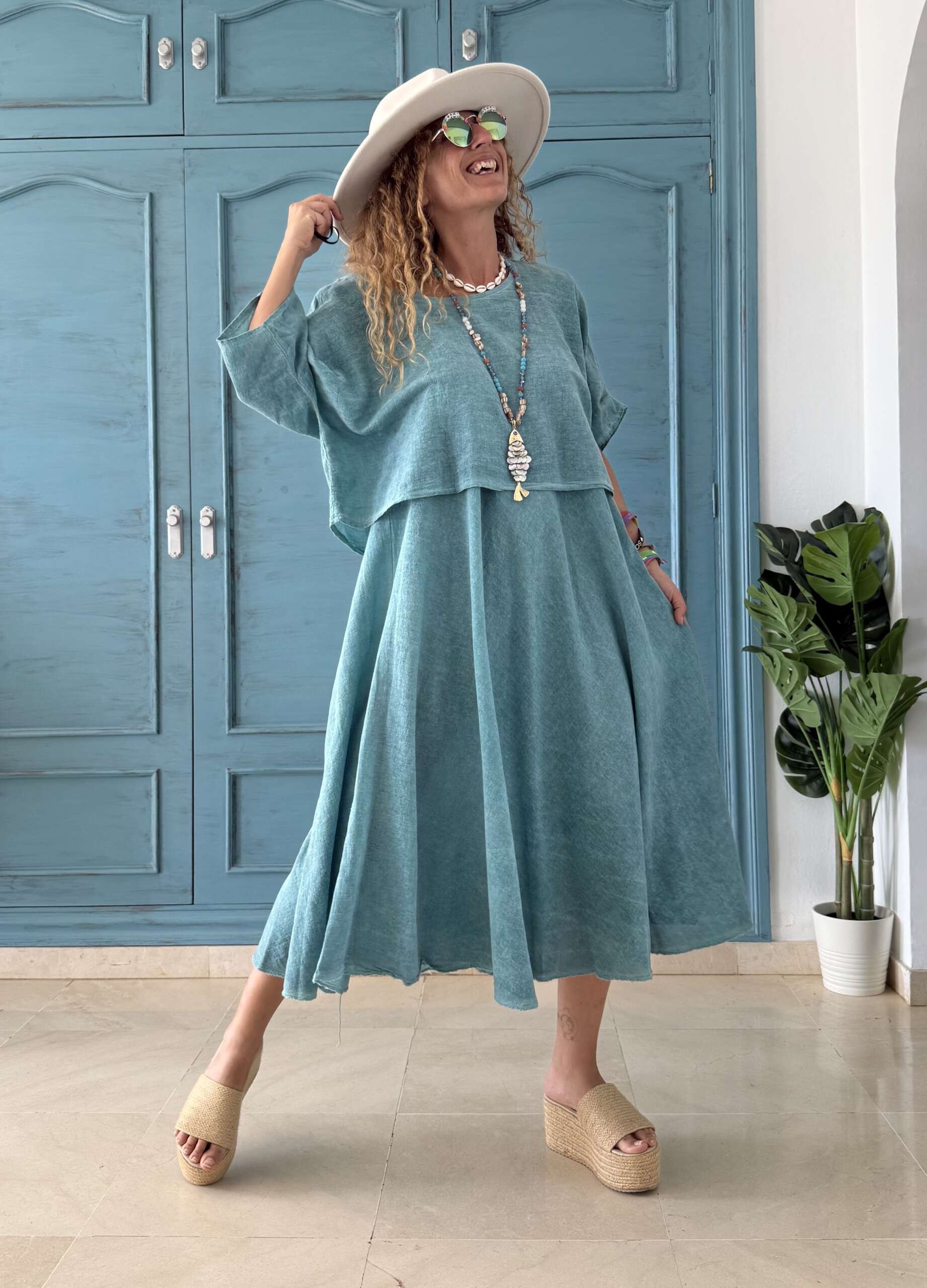 Conjunto algodón vestido y blusa océano