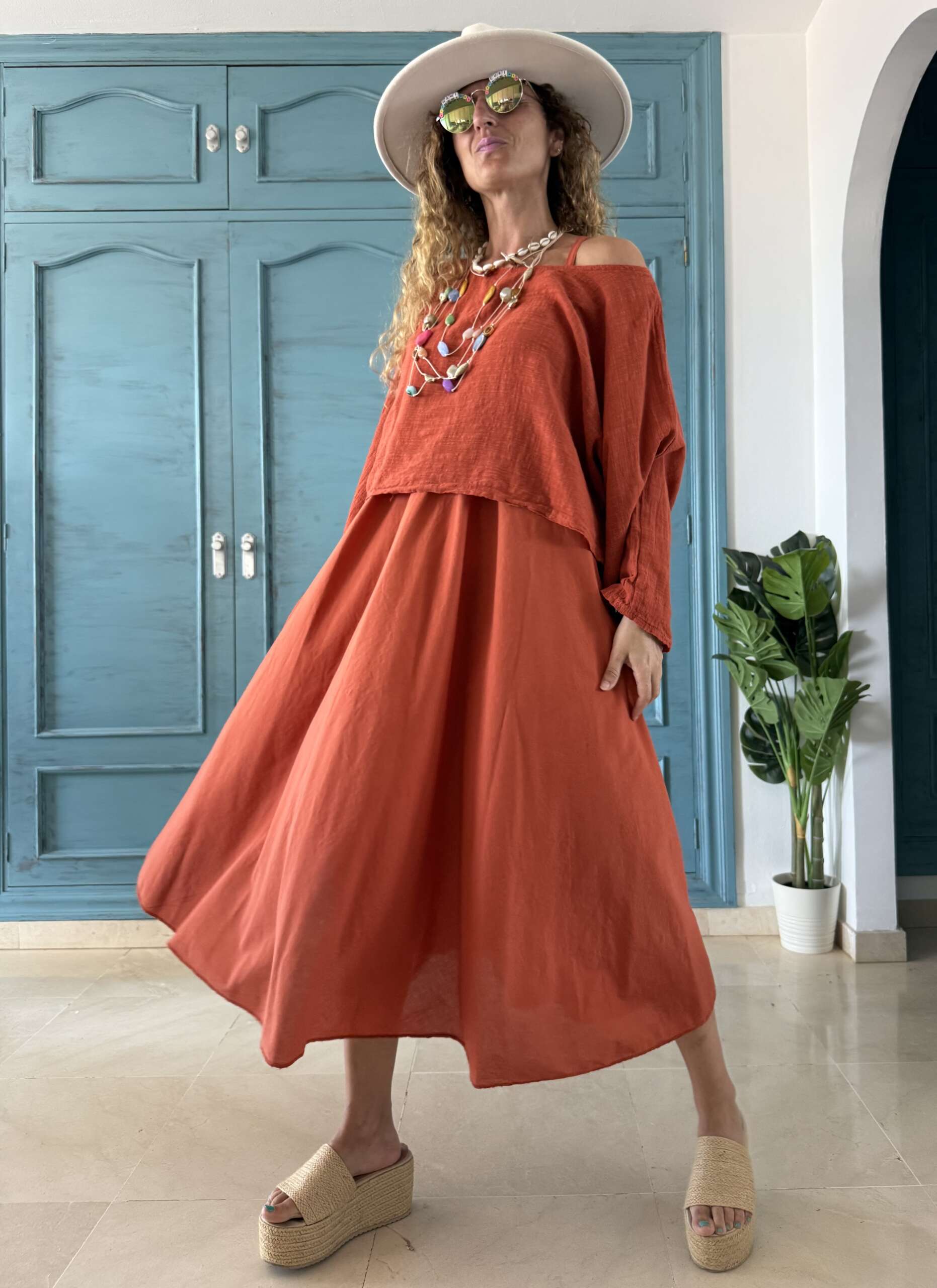 Conjunto algodón vestido y blusa contraste caldera