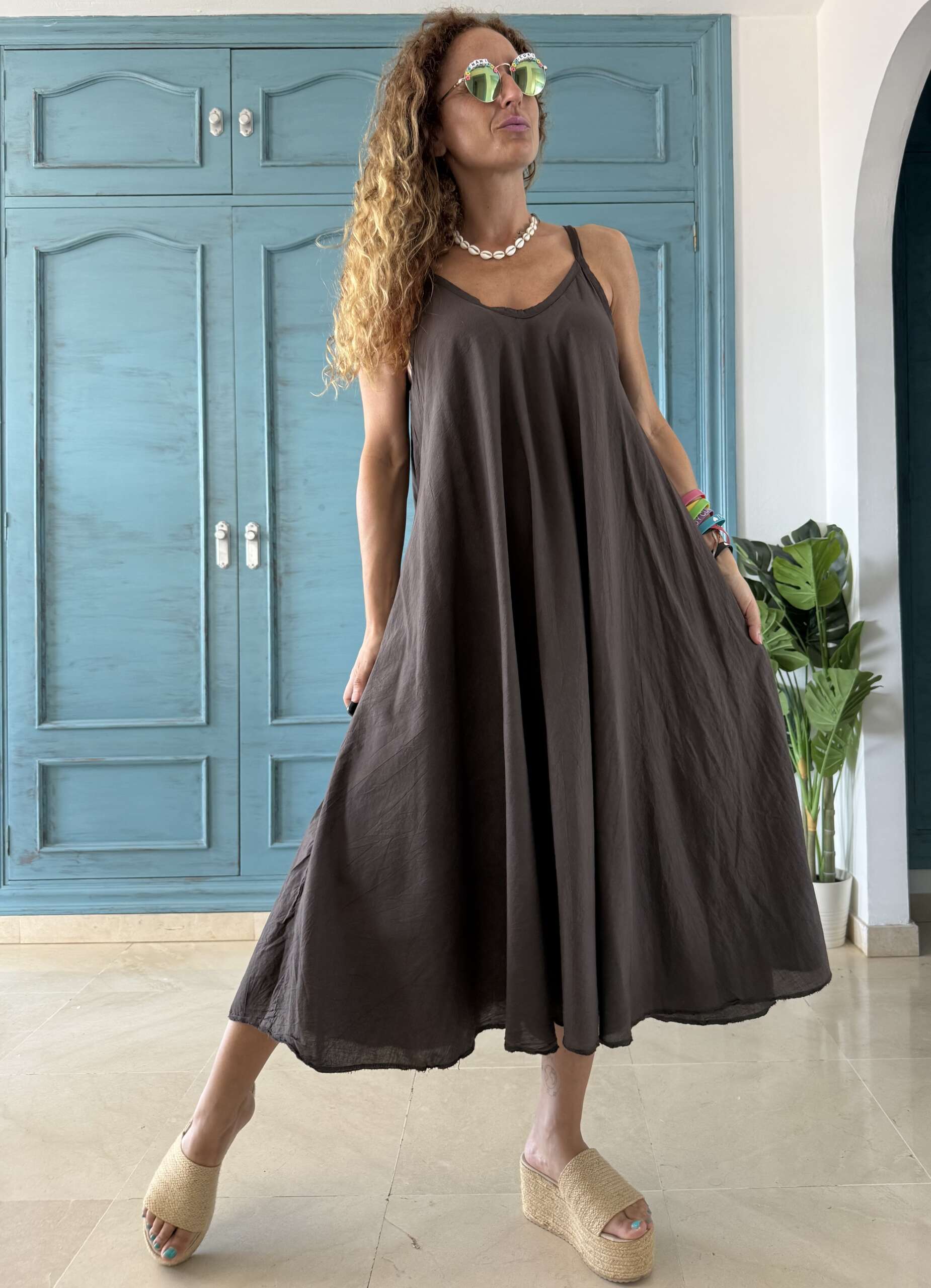 Conjunto algodón vestido y blusa contraste chocolate - Imagen 2