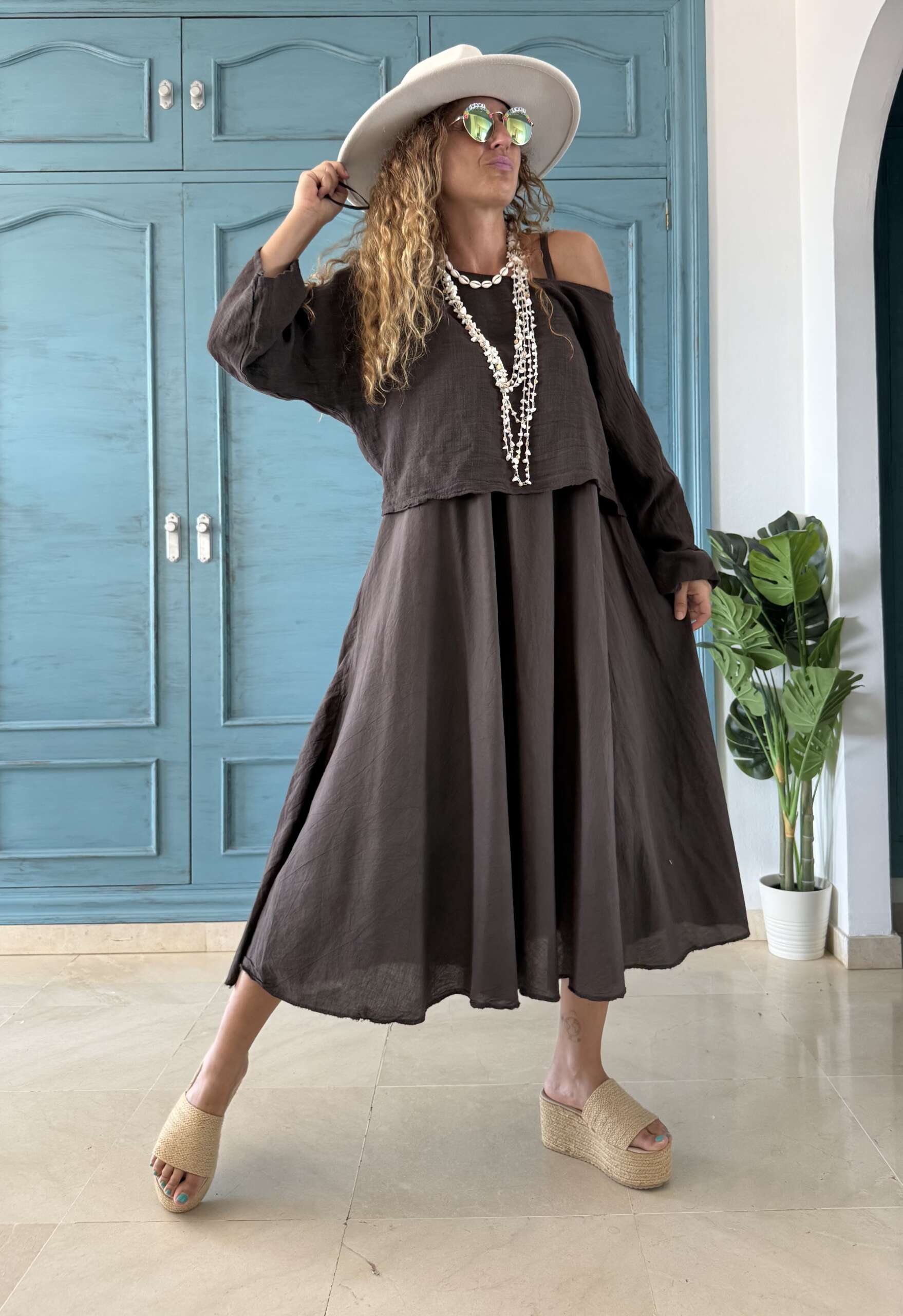 Conjunto algodón vestido y blusa contraste chocolate