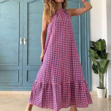 Vestido halter cuadros coral/azul