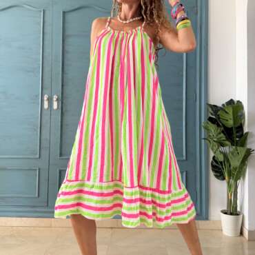 Vestido rayas corto rosa - verde