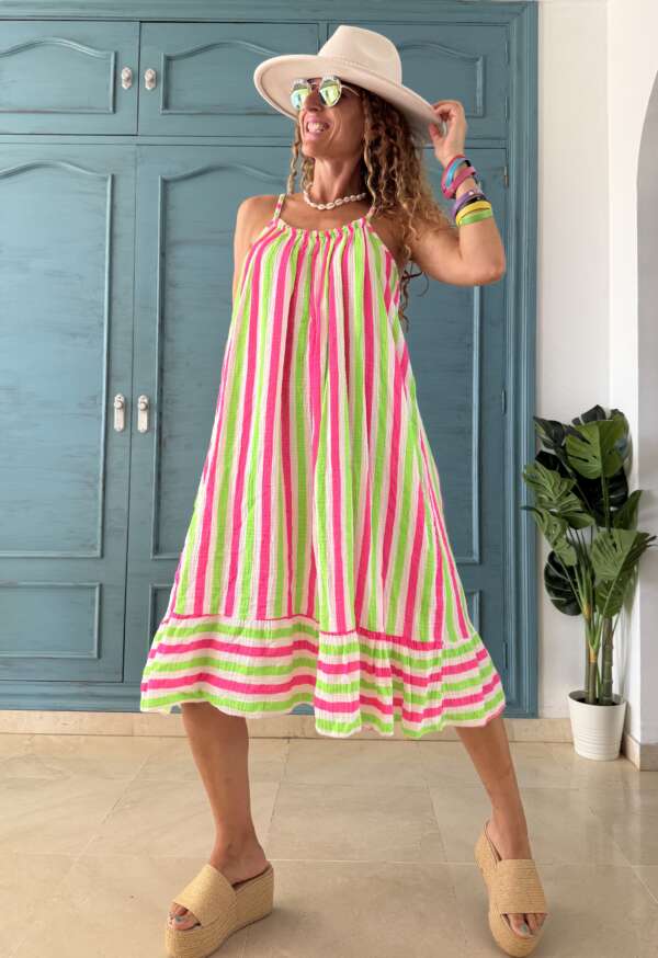 Vestido rayas corto rosa - verde
