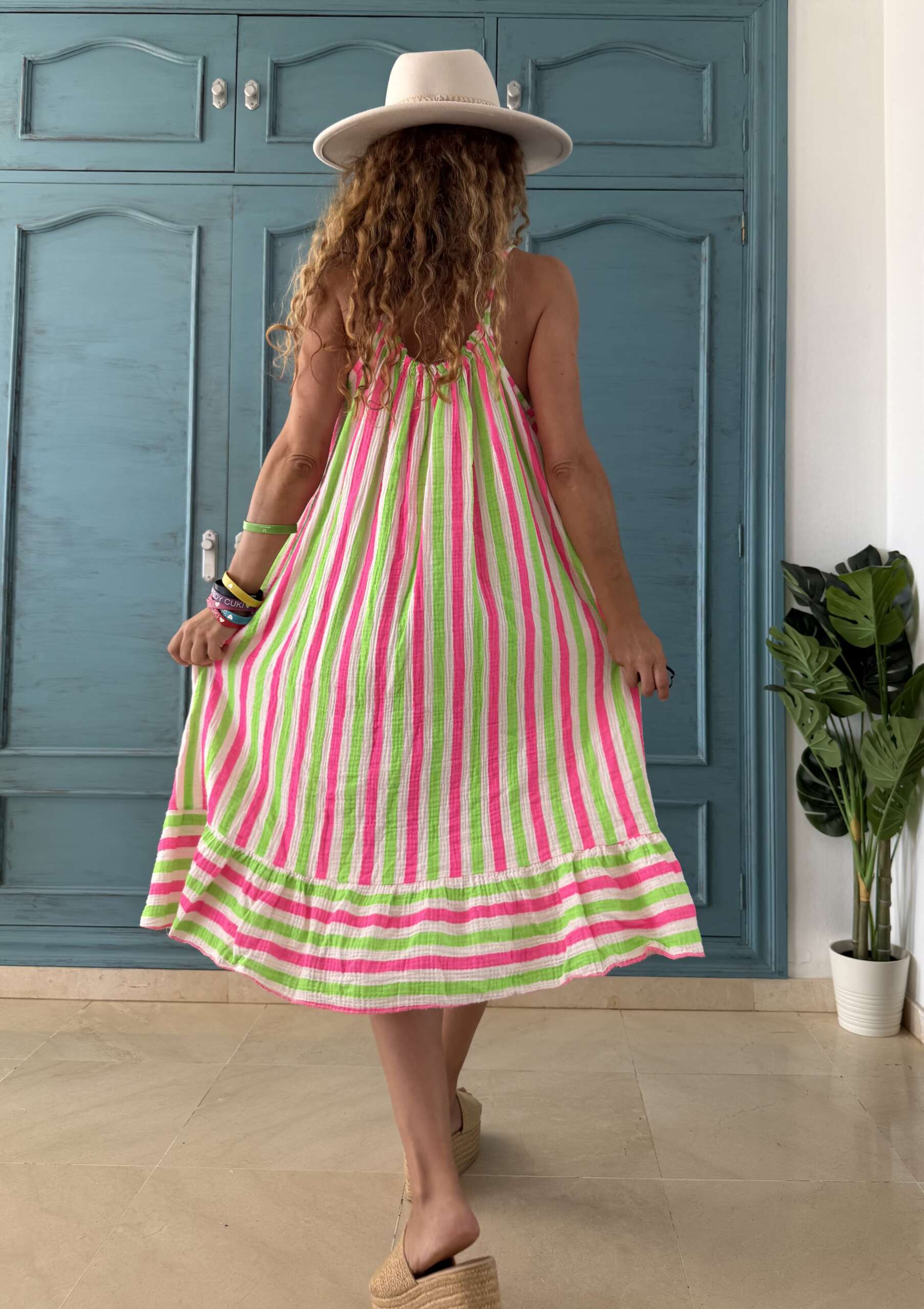 Vestido rayas corto rosa - verde - Imagen 2