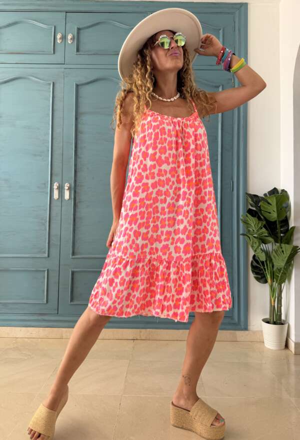 Vestido leo flúor rosa / naranja