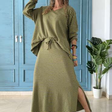 Conjunto punto rayas verde y chocolate