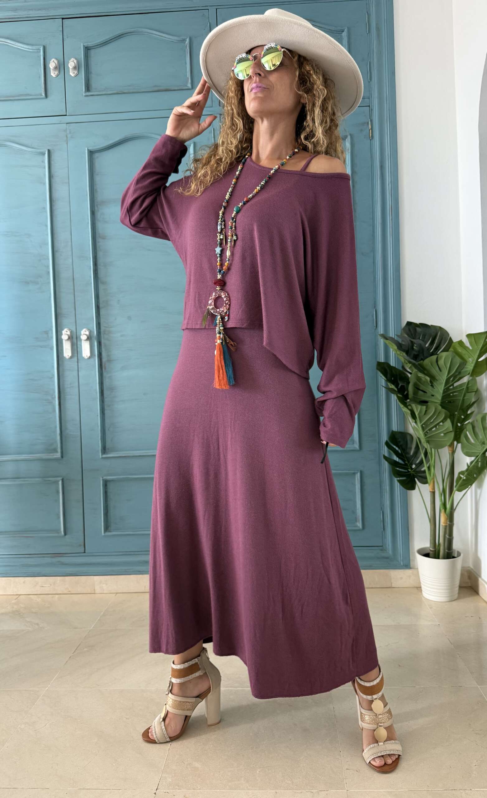 Conjunto punto vestido y jersey púrpura